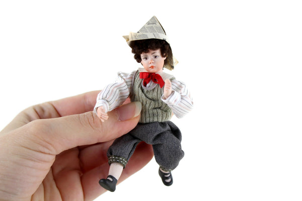 Artisan-Made Vintage 1:12 Dollhouse Porcelain Bisque Boy Figurine with Newspaper Hat