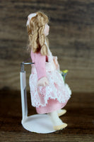 Artisan-Made Vintage 1:12 Dollhouse Porcelain Bisque Girl Figurine in Pink Dress with Basket of Flowers
