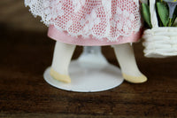 Artisan-Made Vintage 1:12 Dollhouse Porcelain Bisque Girl Figurine in Pink Dress with Basket of Flowers