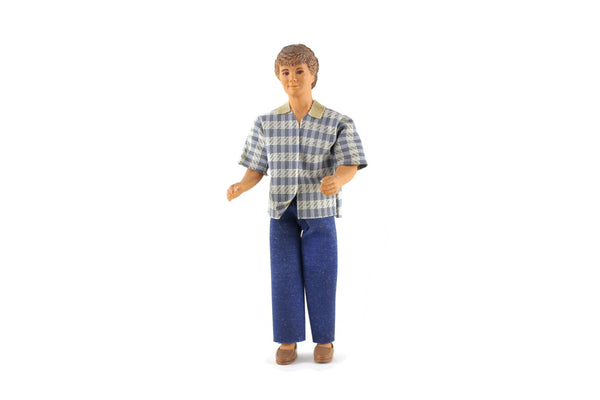 Vintage 1:12 Dollhouse Rubber Father Dad Figurine in Patterned Shirt & Blue Jeans