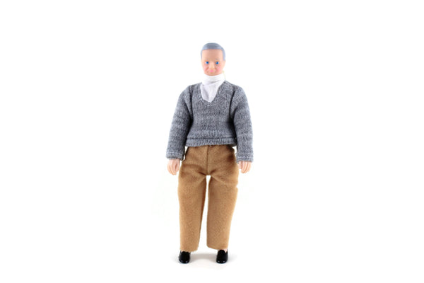 Vintage 1:12 Dollhouse Plastic Grandfather Grandpa Figurine in Gray Sweater & Brown Pants