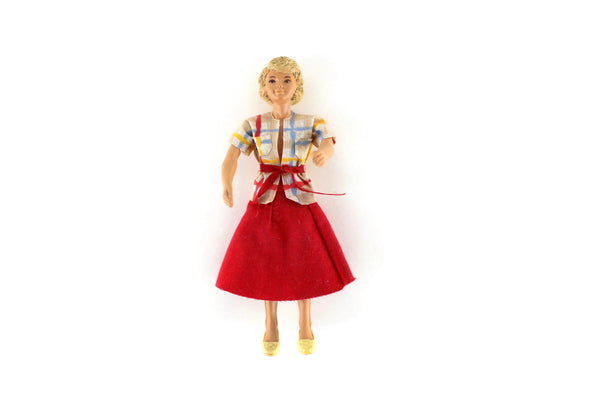 Vintage 1:12 Dollhouse Rubber Mother Mom Figurine in Plaid Shirt & Red Skirt