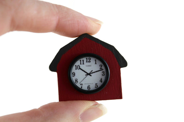 Artisan-Made Vintage 1:12 Miniature Dollhouse Wooden Red Barn Wall Clock Signed by Artist