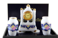 Vintage 1:12 Miniature Dollhouse Reutter Porzellan White & Blue Floral Porcelain Mantel Clock & Vase Boxed Set