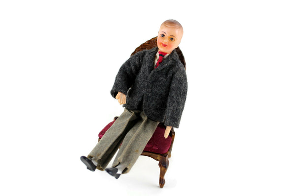 Vintage 1:12 Dollhouse Plastic Seated Father Dad Figurine in Gray Suit