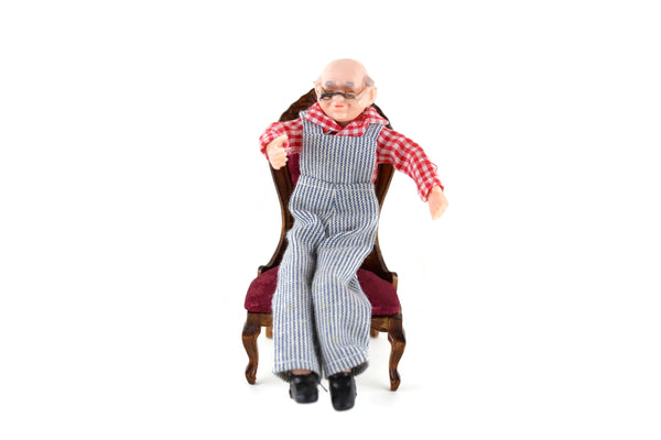 Vintage 1:12 Dollhouse Plastic Seated Grandfather Grandpa Figurine in Plaid Shirt & Overalls