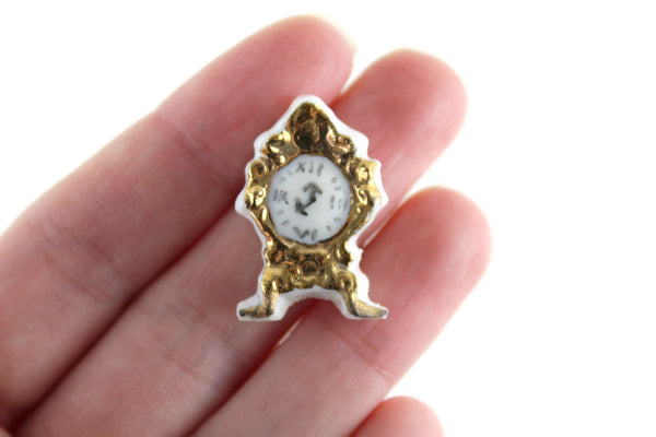 Vintage 1:12 Miniature Dollhouse White & Gold Porcelain Mantel Clock