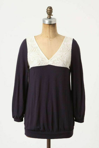 Anthropologie Navy Blue & Beige Lace "Loulou Top" by Postmark, Size S, Originally $88