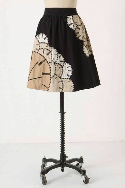 Anthropologie Black Clock Print "Lost Time Skirt" by Floreat, Size 4, Originally $118