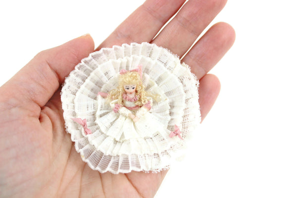 Artisan-Made Vintage 1:12 Miniature Dollhouse Porcelain Doll with White Lace Ruffled Dress