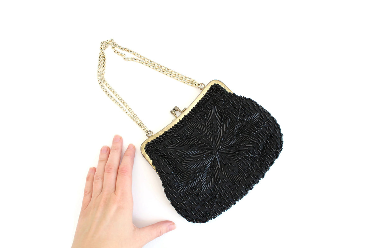 La Regale Beaded Purse Evening Bag Vintage Hand Made Metal Frame with Chain  Strap Satin Lined