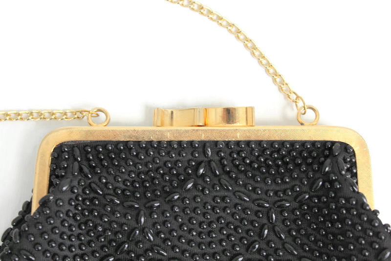 Vintage Hand Made Black Beaded Purse With Gold Chain / Made in 