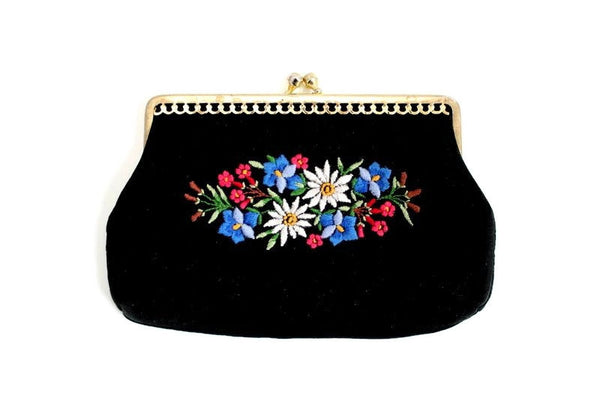 Vintage Black Embroidered Floral Makeup Bag or Coin Purse