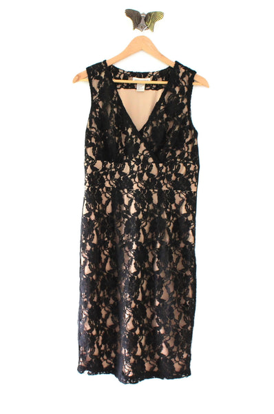 Vintage Black Lace & Nude Lined Sleeveless Knee-Length Party Cocktail Dress