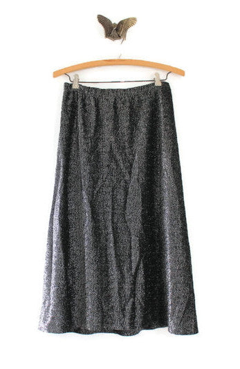 Vintage Black & Silver Sparkly Metallic Stretch Midi Pencil Skirt
