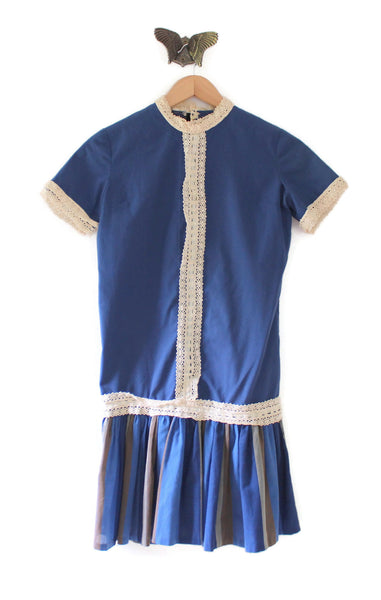 Vintage Blue, Gray & White Striped Drop Waist Mini Dress with Crochet Lace Hem