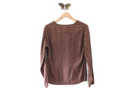 Vintage Brown Metallic Striped Long Sleeve Shirt with V-Neck & Buttoned Cuffs