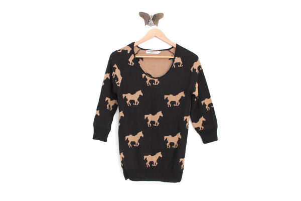 Vintage Black & Tan Long Sleeve Horse Print Sweater