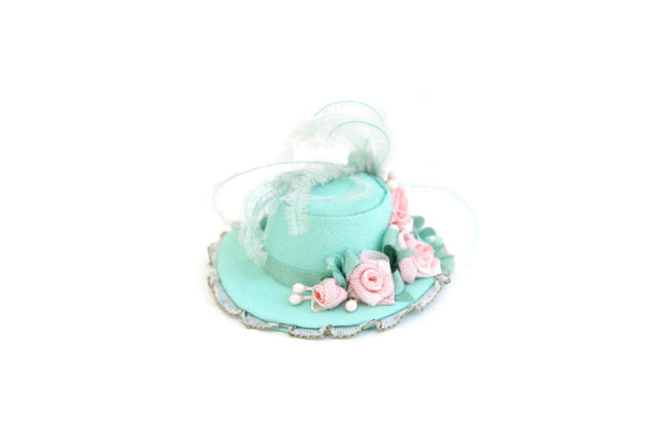 Artisan-Made Vintage 1:12 Miniature Dollhouse Mint Green & Pink Hat with Flowers & Feathers by The Summerlots