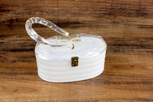 Vintage White Box Purse with Etched Lucite Handle
