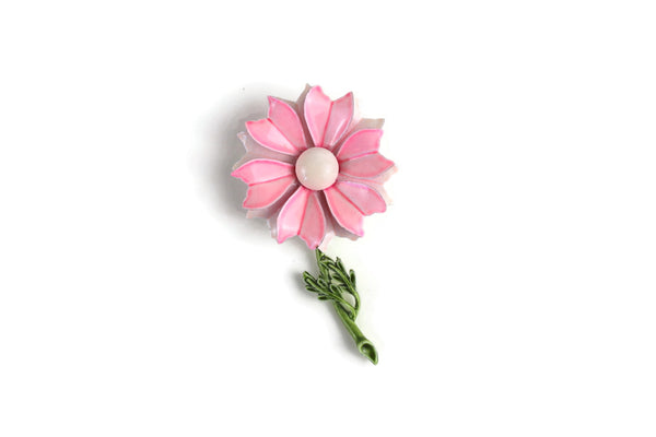 Vintage Pink & Green Enamel Daisy Flower Stem Brooch