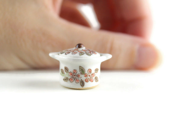 Vintage 1:12 Miniature Dollhouse White & Pink Floral Porcelain Stockpot