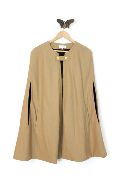 Vintage Camel Wool Cape with Brass Button Closure, Size M