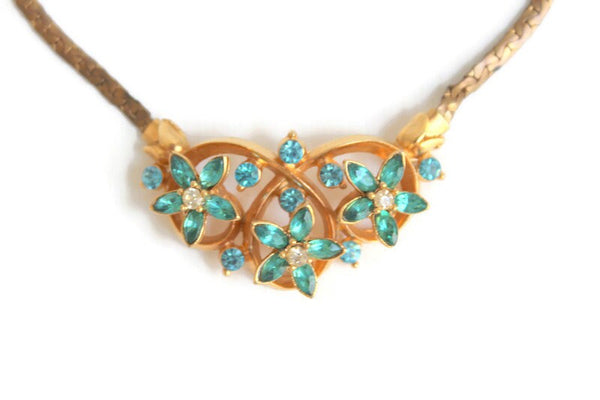 Vintage Gold & Turquoise Blue Rhinestone Necklace