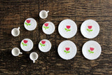 Vintage 1:12 Miniature Dollhouse White Plastic 12 Piece Dish Set with Red Flower, Service for 4