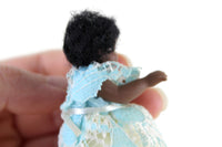 Artisan-Made Vintage 1:12 Dollhouse Porcelain Bisque Black Girl Figurine in Blue Lace Dress