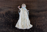 Artisan-Made Vintage 1:12 Dollhouse Porcelain Bisque Baby Figurine in Beige & Blue Lace Sleeper Nightgown & Bonnet with Teddy Bear Rattle