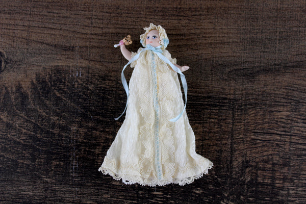 Artisan-Made Vintage 1:12 Dollhouse Porcelain Bisque Baby Figurine in Beige & Blue Lace Sleeper Nightgown & Bonnet with Teddy Bear Rattle