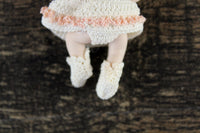 Artisan-Made Vintage 1:12 Dollhouse Porcelain Bisque Baby Girl Figurine in Beige Crochet Outfit