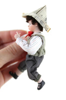 Artisan-Made Vintage 1:12 Dollhouse Porcelain Bisque Boy Figurine with Newspaper Hat