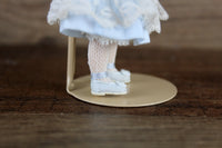 Artisan-Made Vintage 1:12 Dollhouse Porcelain Bisque Girl Figurine in Blue Dress with Doll & Stand