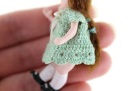 Artisan-Made Vintage 1:12 Dollhouse Porcelain Bisque Girl Figurine in Green Crochet Dress
