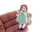 Artisan-Made Vintage 1:12 Dollhouse Porcelain Bisque Girl Figurine in Green Crochet Dress
