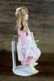 Artisan-Made Vintage 1:12 Dollhouse Porcelain Bisque Girl Figurine in Pink Dress with Basket of Flowers