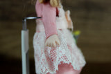 Artisan-Made Vintage 1:12 Dollhouse Porcelain Bisque Girl Figurine in Pink Dress with Basket of Flowers