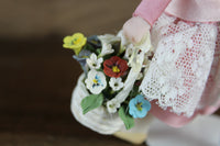 Artisan-Made Vintage 1:12 Dollhouse Porcelain Bisque Girl Figurine in Pink Dress with Basket of Flowers