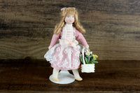 Artisan-Made Vintage 1:12 Dollhouse Porcelain Bisque Girl Figurine in Pink Dress with Basket of Flowers