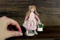 Artisan-Made Vintage 1:12 Dollhouse Porcelain Bisque Girl Figurine in Pink Dress with Basket of Flowers