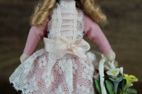 Artisan-Made Vintage 1:12 Dollhouse Porcelain Bisque Girl Figurine in Pink Dress with Basket of Flowers