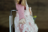 Artisan-Made Vintage 1:12 Dollhouse Porcelain Bisque Girl Figurine in Pink Dress with Basket of Flowers