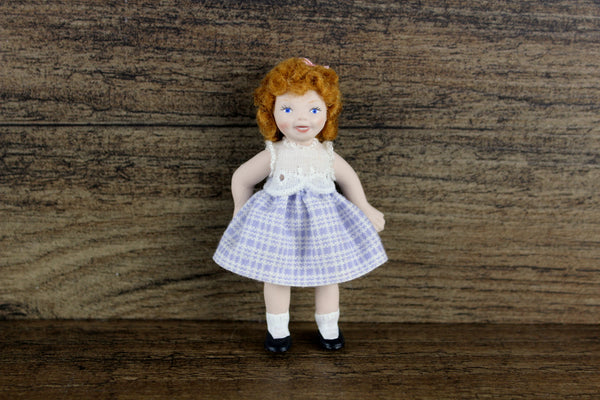 Artisan-Made Vintage 1:12 Dollhouse Porcelain Bisque Girl Figurine in Purple & White Dress