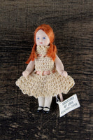 Artisan-Made Vintage 1:12 Dollhouse Porcelain Bisque Redheaded Girl Figurine in Beige Crochet Dress by Creations of Love, #614/481-7898