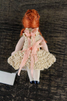 Artisan-Made Vintage 1:12 Dollhouse Porcelain Bisque Redheaded Girl Figurine in Beige Crochet Dress by Creations of Love, #614/481-7898