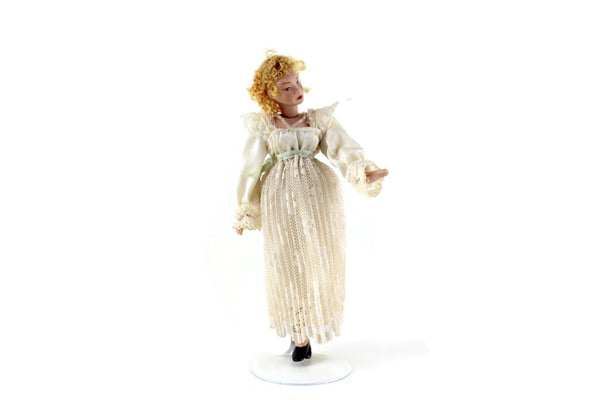 Artisan-Made Vintage 1:12 Dollhouse Porcelain Bisque Edwardian Woman Figurine in Beige Lace Dress
