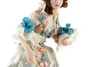 Artisan-Made Vintage 1:12 Dollhouse Porcelain Bisque Victorian Woman Figurine in Teal Blue & Beige Dress