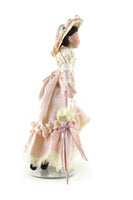 Artisan-Made Vintage 1:12 Dollhouse Porcelain Bisque Victorian Woman Figurine in Pastel Pink Dress with Stand